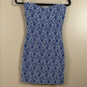 O’sher Blue and White Lace-Pattern Strapless Dress